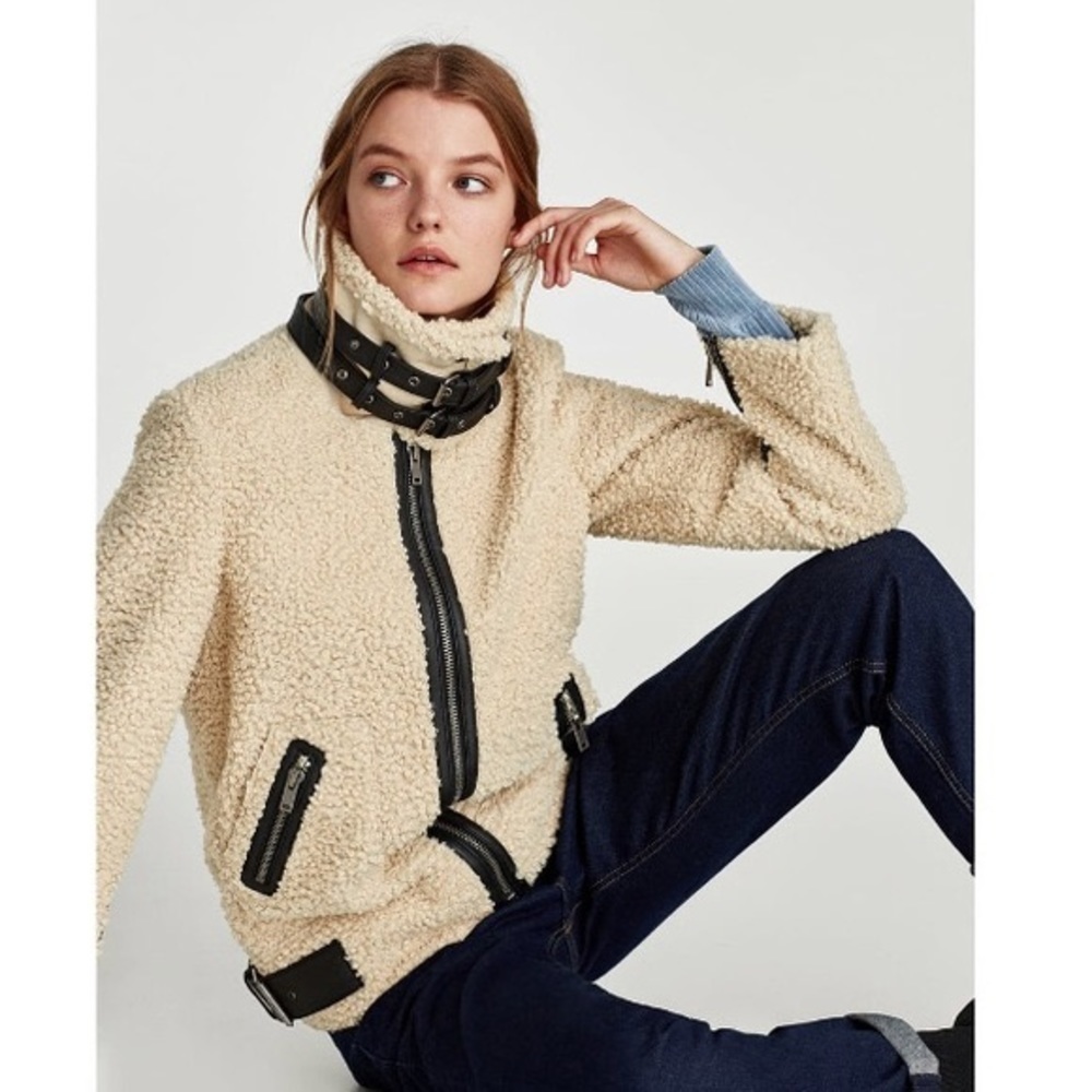 ZARA  CONTRAST SHEARLING TEDDY BIKER JACKET - Picture 2 of 4